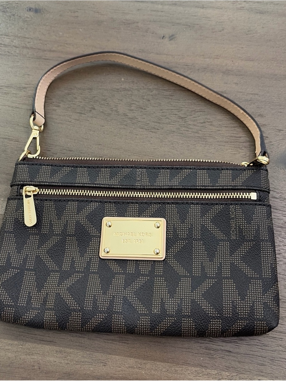 Michael Kors Brown and Tan MK Logo Wristlet with Gold Plate